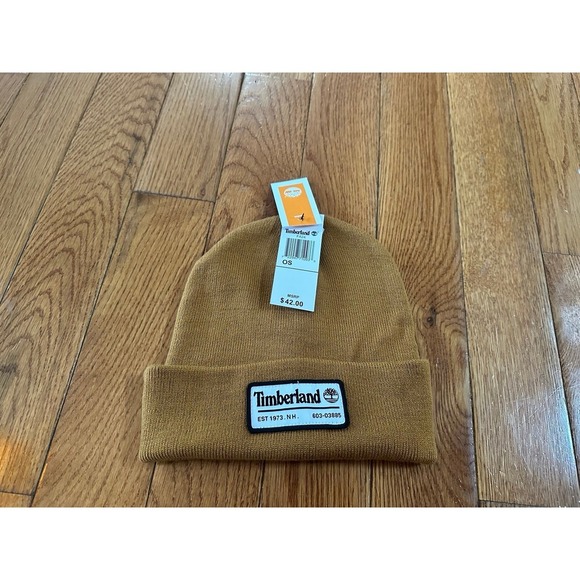 New Timberland Men's Woven Label Knit Beanie Winter Solid Wheat Brown retail $42 - Picture 1 of 5